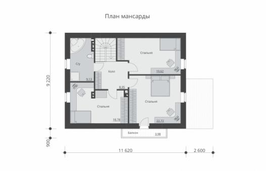 Проект одноэтажного дома с мансардой и террасой